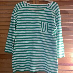 Talbots Crew Neck 100% Cotton Knit T-Shirt Green and White  Stripes Size Medium